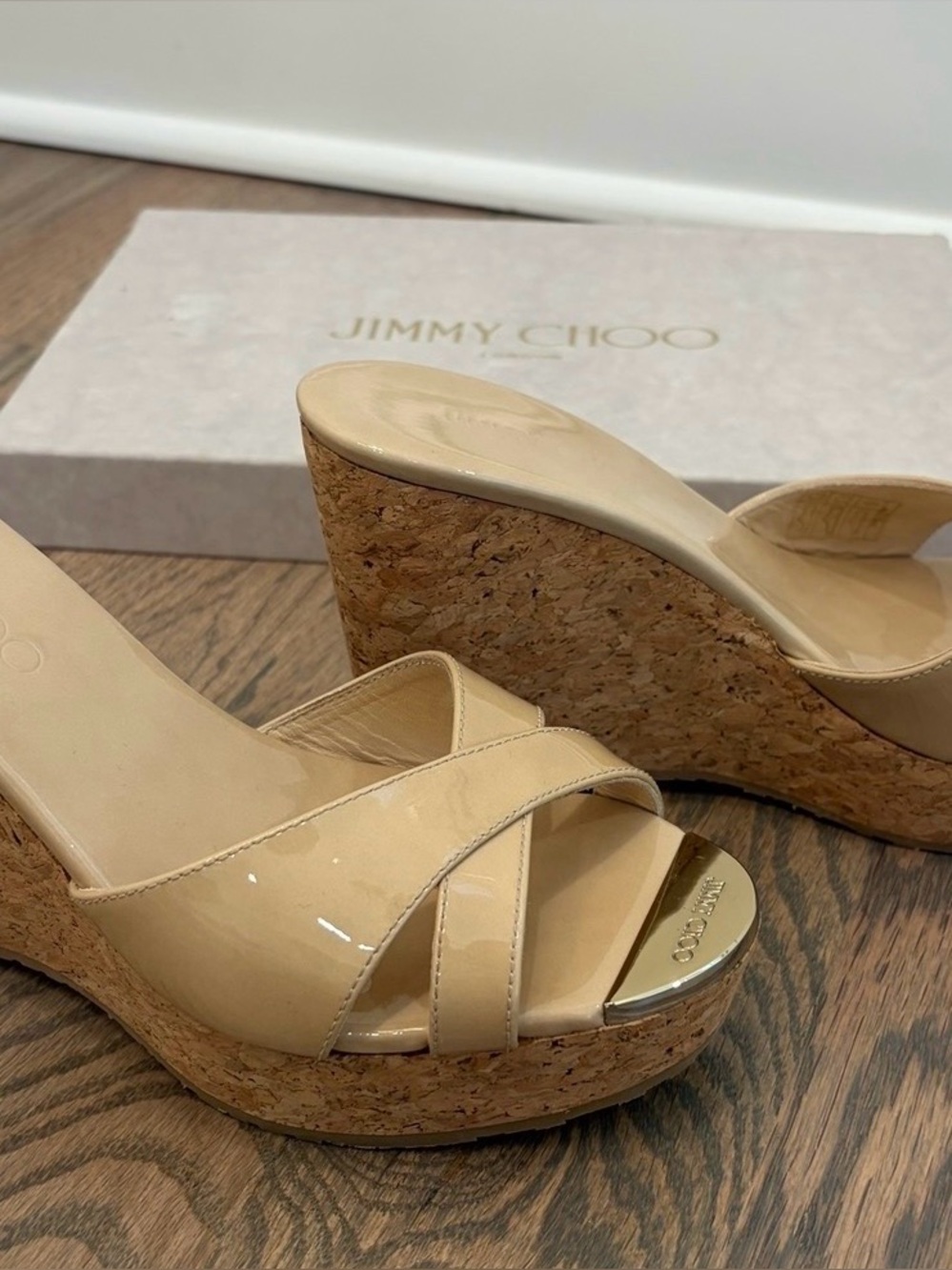 Jimmy Choo “Perfume” Nude Patent Leather Cork Wedge Platform Sandal Sz 6/36, NWT